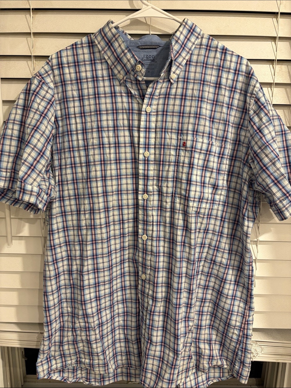 Izod Short-Sleeve Plaid Button-Down Shirt - White/Blue/Red